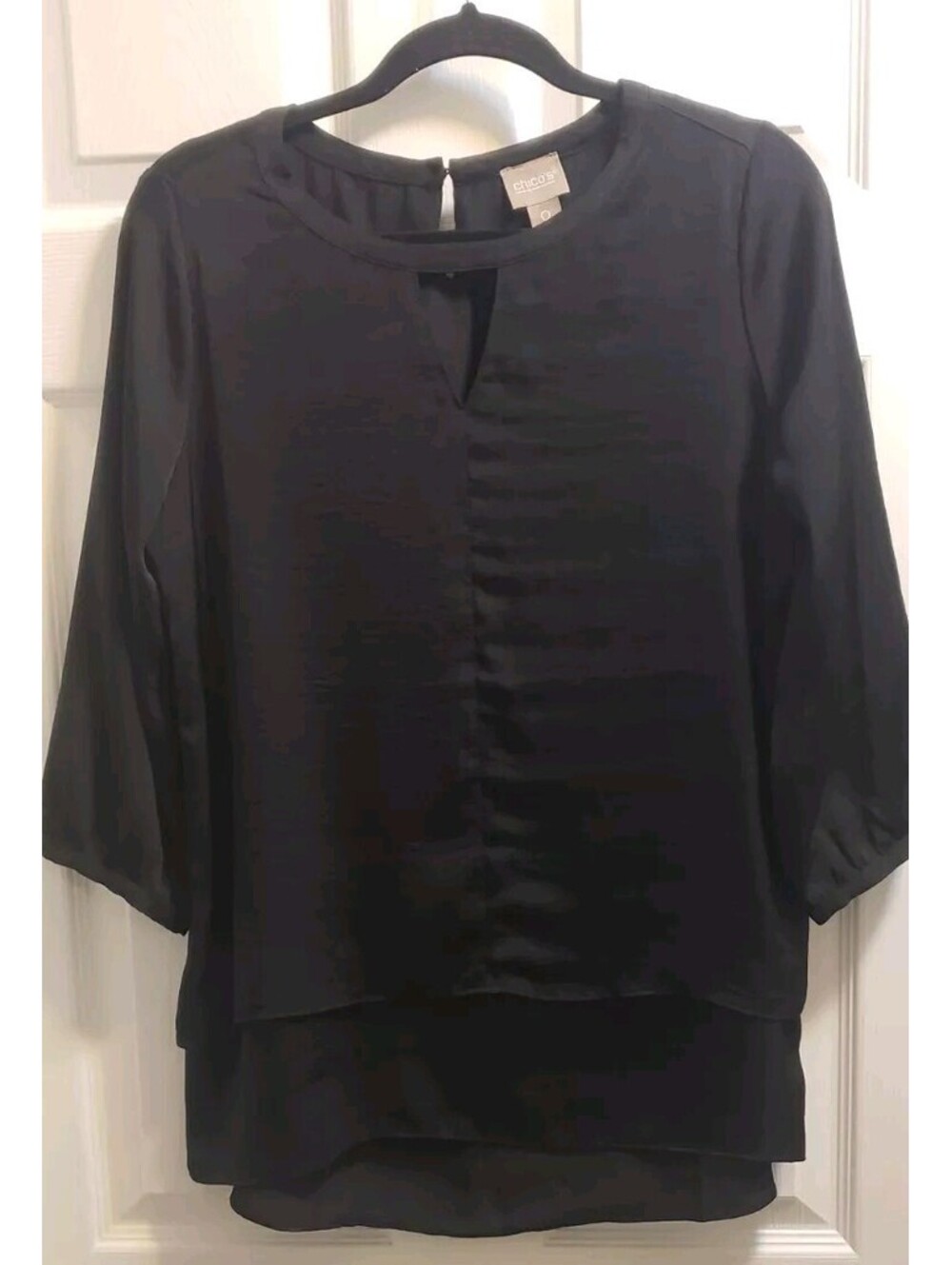 Chicos Black Layered Silky Top Size 0 Small 4 Keyhole Slit Shirt Blouse Tunic